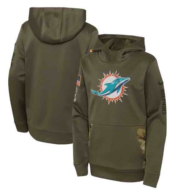 Youth Miami Dolphins 2022 Olive Salute to Service Therma Performance Pullover Hoodie