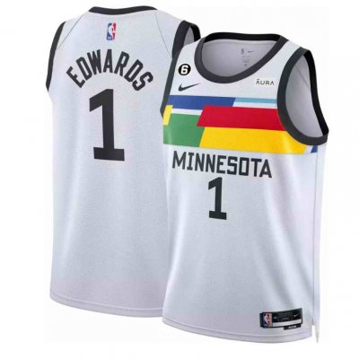 Men's Minnesota Timberwolves #1 Anthony Edwards White 2022/23 City Edition With NO.6 Patch Swingman Stitched Jersey