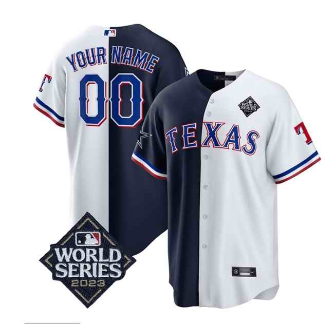 Men's Texas Rangers & Cowboys Active Player Custom Navy/White Splite 2023 World Series Splite Stitched Baseball  Jersey