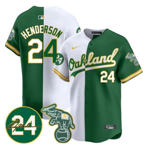 Men's Oakland Athletics #24 Ricky Henderson White/Green Split 2024 Limited With Patch Stitched Jersey