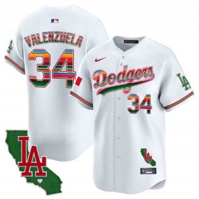 Men's Los Angeles Dodgers #34 Fernando Valenzuela White Mexico California Patch Vapor Premier Limited Stitched Baseball Jersey