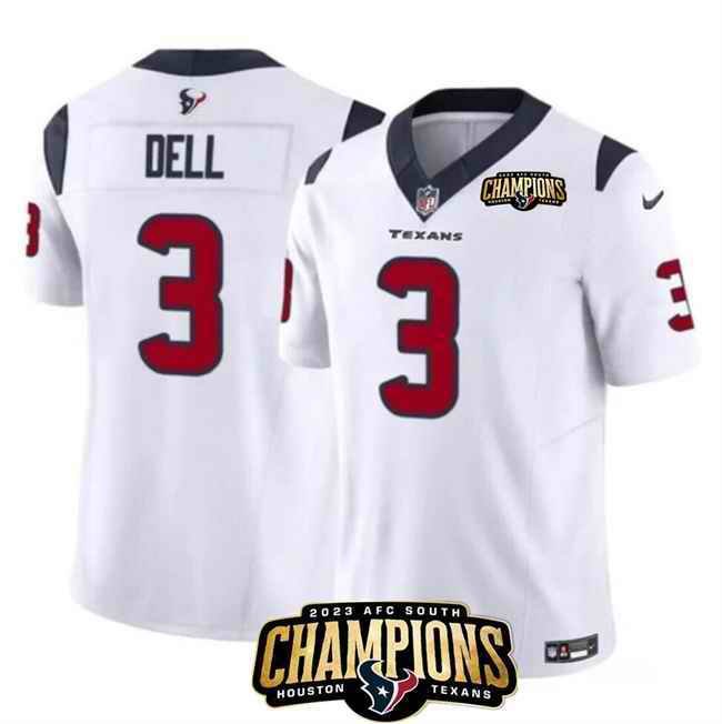 Men's Houston Texans #3 Tank Dell White 2023 F.U.S.E. AFC South Champions Patch Vapor Untouchable Limited Stitched Football Jersey