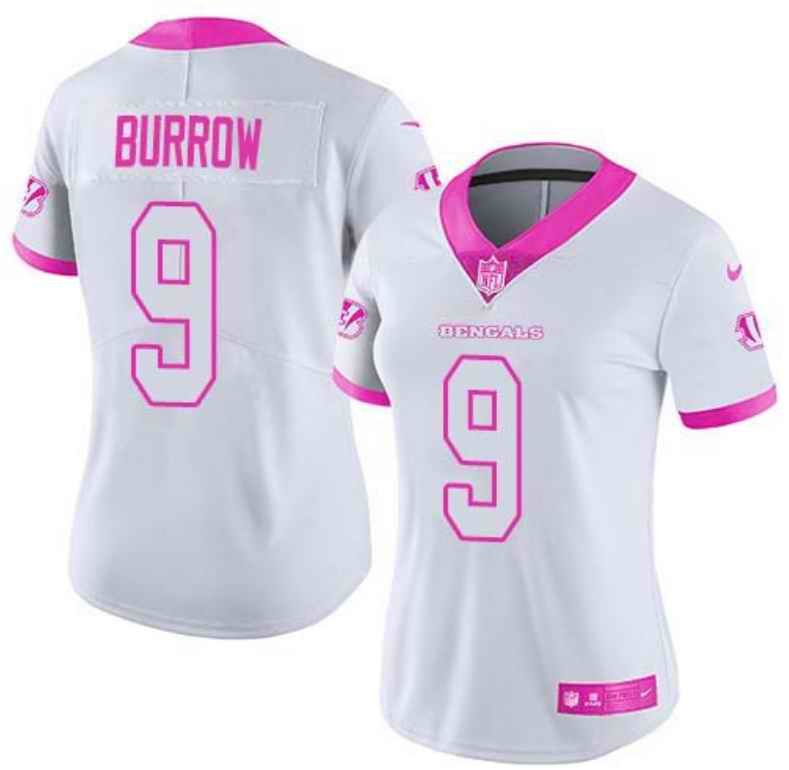 Women's Cincinnati Bengals #9 Joe Burrow White And Pink Vapor Stitched Jersey(Run Small)