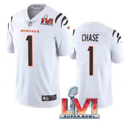 Youth Cincinnati Bengals #1 Ja'Marr Chase 2022 White Super Bowl LVI Vapor Limited Stitched Jersey