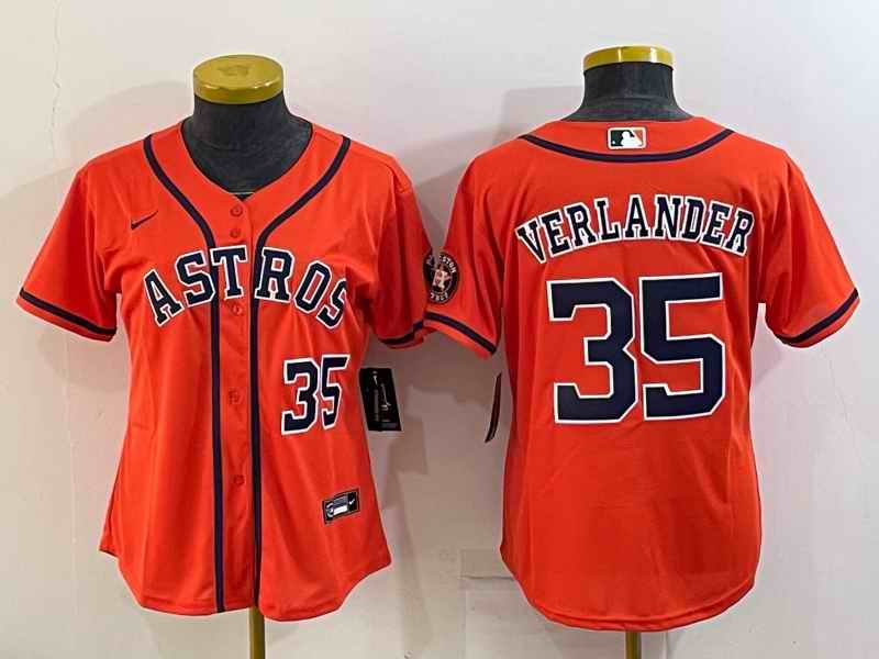 Women's Houston Astros #35 Justin Verlander Orange With Patch Cool Base Stitched Baseball Jersey(Run Small)