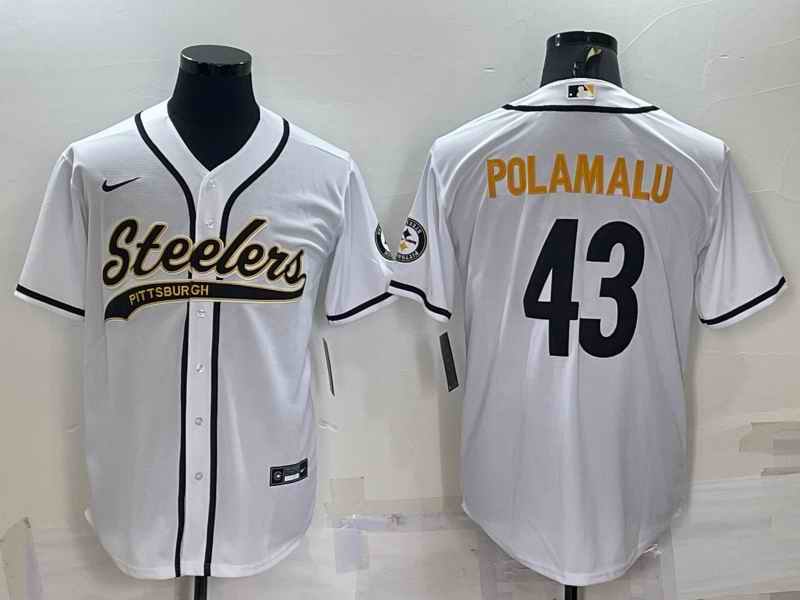 Men's Pittsburgh Steelers #43 Troy Polamalu White With Patch Cool Base Stitched Baseball Jersey