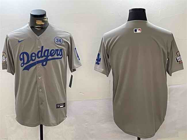 Men's Los Angeles Dodgers Blank Grey 2024 World Series With No. 34 Patch Limited Stitched Baseball Jersey