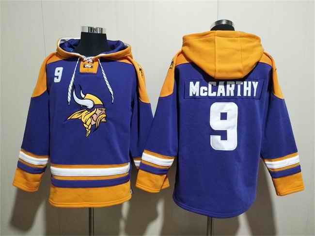 Men's Minnesota Vikings #9 J.J. McCarthy Purple/Yellow Ageless Must-Have Lace-Up Pullover Hoodie