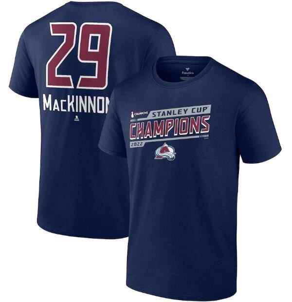 Men's Colorado Avalanche #29 Nathan MacKinnon Navy 2022 Stanley Cup Champions Banner Name & Number T-Shirt