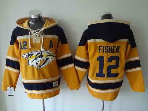 Predators #12 Mike Fisher Yellow Sawyer Hooded Sweatshirt Stitched NHL Jersey