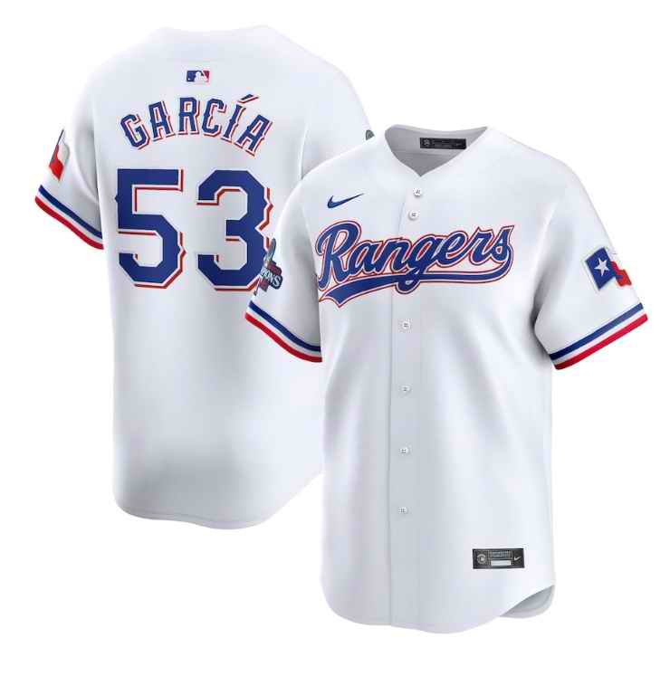 Men's Texas Rangers #53 Adolis Garc'a White 2023 World Series Champions Stitched Baseball  Jersey