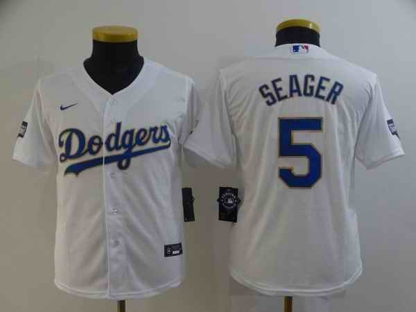 Youth Los Angeles Dodgers #5 Corey Seager White Gold Championship Cool Base Stitched Jersey