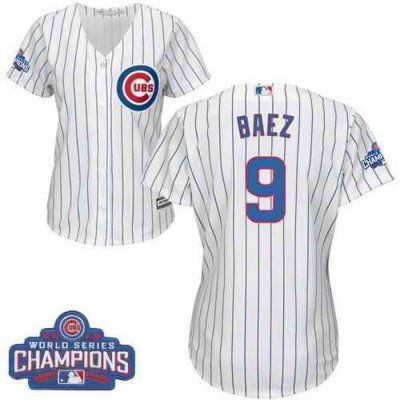 Cubs #9 Javier Baez White(Blue Strip) Home 2016 World Series Champions Women's Stitched MLB Jersey