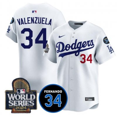 Men's Los Angeles Dodgers #34 Toro Valenzuela White 2024 World Series With Fernando Memorial Patch Limited Stitched Baseball Jersey