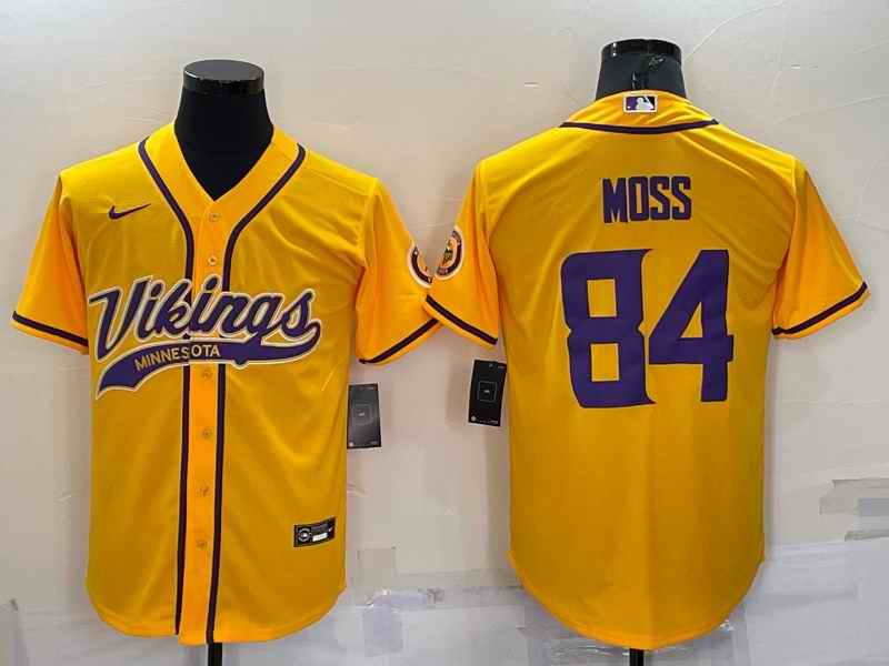 Men's Minnesota Vikings #84 Randy Moss Gold With Patch Cool Base Stitched Baseball Jersey