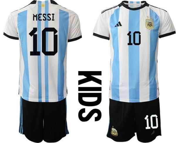 Youth Argentina #10 Messi White/Blue 2022 FIFA World Cup Home Soccer Jersey Suit