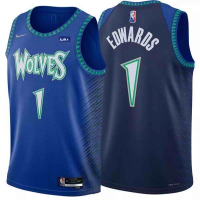 Men's Minnesota Timberwolves #1 Anthony Edwards 2021/22 Blue City Edition 75th Anniversary Swingman Stitched Jersey