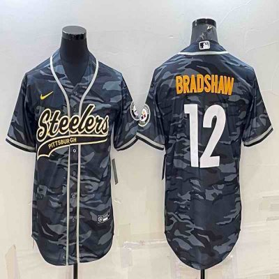 Men's Pittsburgh Steelers #12 Terry Bradshaw Grey/Navy Camo With Patch Cool Base Stitched Baseball Jersey