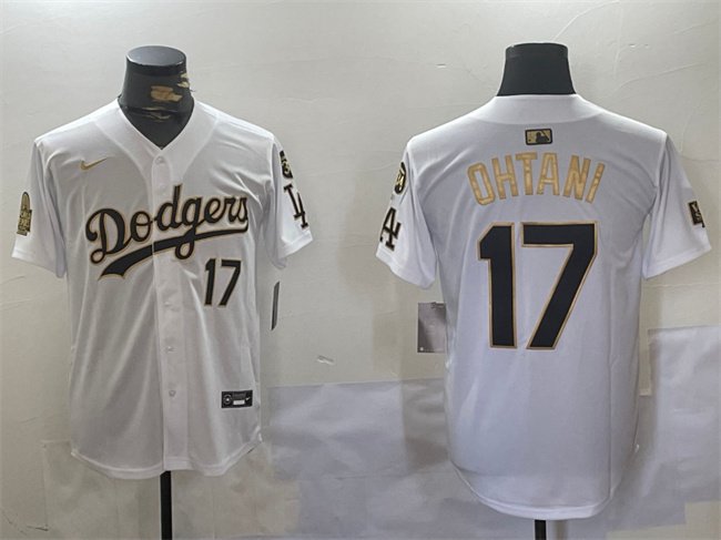 Men's Los Angeles Dodgers #17 Shohei Ohtani White/Gold 2024 World Series With Fernando Memorial Patch Home Limited Stitched Baseball Jersey