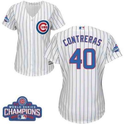 Cubs #40 Willson Contreras White(Blue Strip) Home 2016 World Series Champions Women's Stitched MLB Jersey