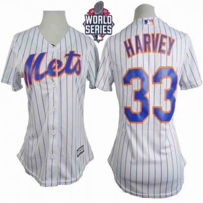 Mets #33 Matt Harvey White(Blue Strip) W/2015 World Series Patch Women's Home Stitched MLB Jersey