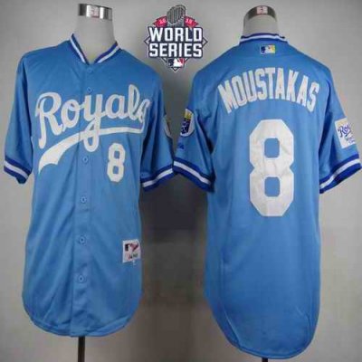 Royals #8 Mike Moustakas Light Blue 1985 Turn Back The Clock W/2015 World Series Patch Stitched MLB Jersey