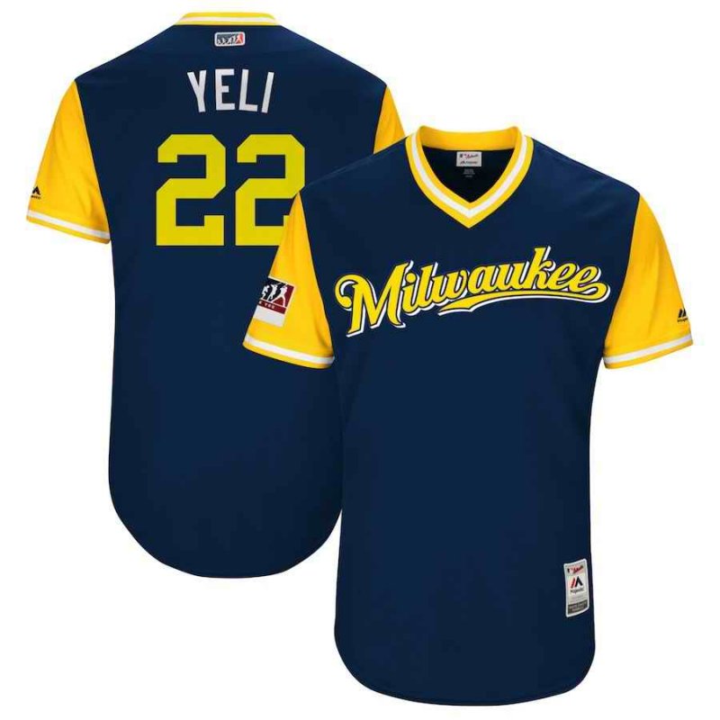 Men's Milwaukee Brewers #22 Christian Yelich Yeli Majestic Navy/Yellow 2018 Players' Weekend Stitched MLB Jersey