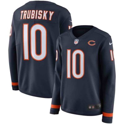 Women's Chicago Bears #10 Mitchell Trubisky Navy Therma Long Sleeve Stitched NFL Jersey