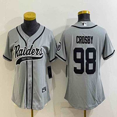 Women's Las Vegas Raiders #98 Maxx Crosby Grey With Patch Cool Base Stitched Baseball Jersey(Run Small)