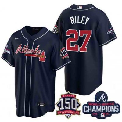 Men's Atlanta Braves #27 Austin Riley 2021 Navy World Series Champions With 150th Anniversary Patch Cool Base Stitched Jersey