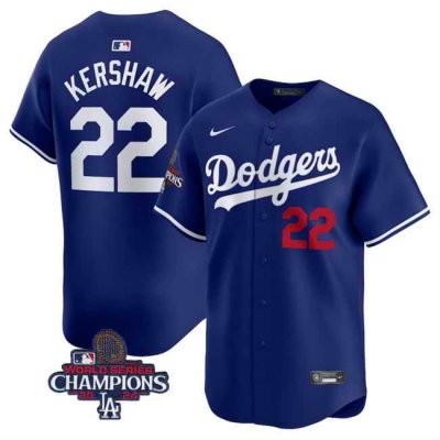 Men's Los Angeles Dodgers #22 Clayton Kershaw Royal 2024 World Series Champions Alternate Limited Stitched Baseball Jersey