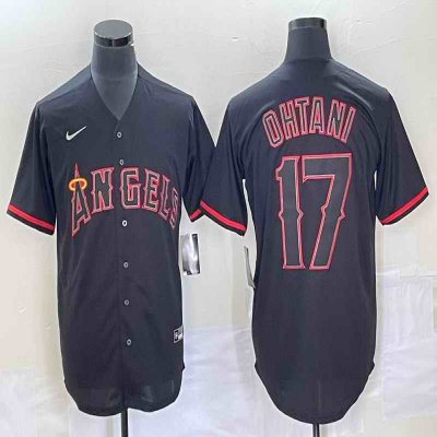 Men's Los Angeles Angels #17 Shohei Ohtani Black Red Cool Base Stitched Jersey