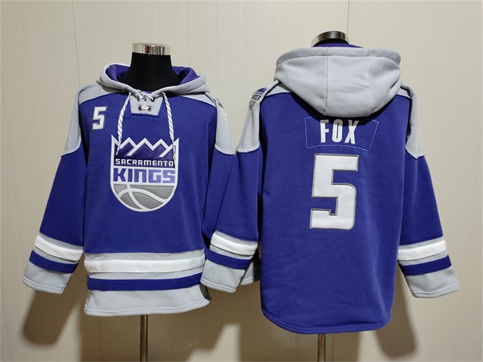 Men's Sacramento Kings #5 De'Aaron Fox Blue/Grey Lace-Up Pullover Hoodie