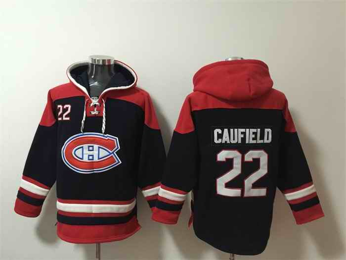 Men's Montreal Canadiens #22 Cole Caufield Navy/Red  Lace-Up Pullover Hoodie