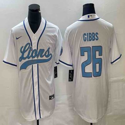 Men's Detroit Lions #26 Jahmyr Gibbs White Cool Base Stitched Baseball Jersey