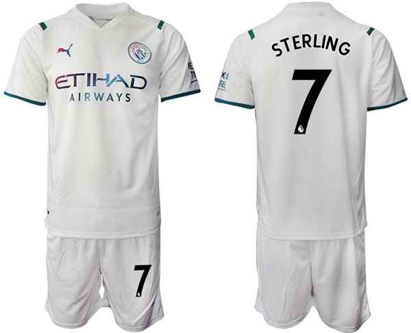 Men's Manchester City #7 Raheem Sterling 2021/22 White Away Soccer Jersey Suit