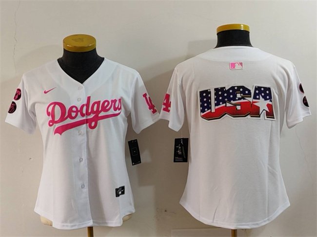 Women's Los Angeles Dodgers Team Big Logo White/Pink Vin & Kobe Patch Stitched Baseball Jersey(Run Small)