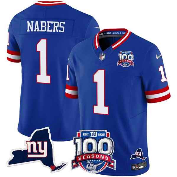 Men's New York Giants #1 Malik Nabers Royal 2024 F.U.S.E. 100th Season And State Patch Vapor Limited Stitched Football Jersey