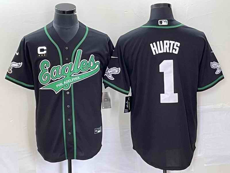 Men's Philadelphia Eagles #1 Jalen Hurts Black With 3-star  C Patch Cool Base Stitched Baseball Jersey