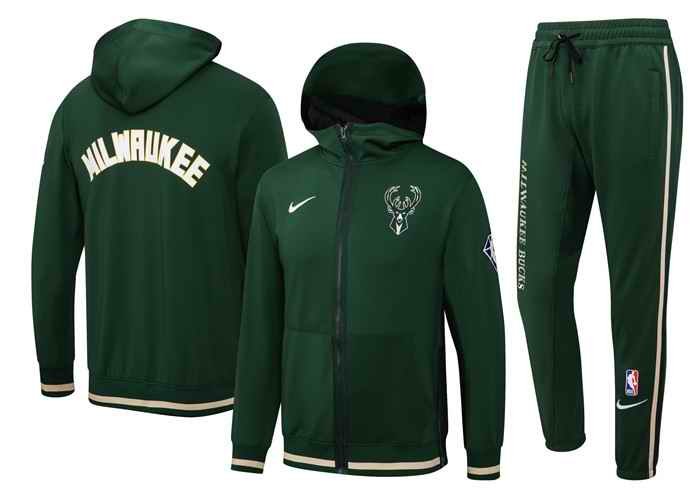 Men's Milwaukee Bucks 75th Anniversary Green Performance Showtime Full-Zip Hoodie Jacket And Pants   Suit