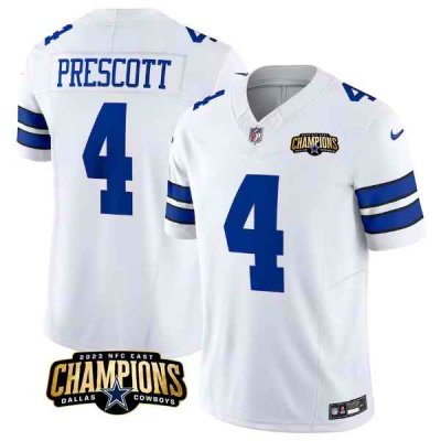 Men's Dallas Cowboys #4 Dak Prescott White 2023 F.U.S.E. NFC East Champions Patch Stitched Football Jersey