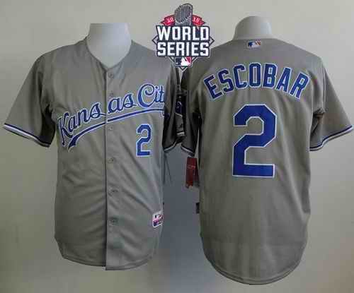 Royals #2 Alcides Escobar Grey Cool Base W/2015 World Series Patch Stitched MLB Jersey