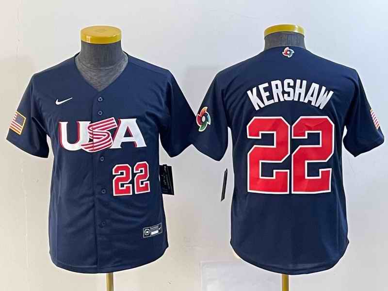 Youth USA Baseball #22 Clayton Kershaw 2023 Navy World Baseball Classic With Patch Stitched Jersey