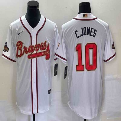 Men's Atlanta Braves #10 Chipper Jones 2022 White/Gold World Series Champions Program Cool Base Stitched Baseball Jersey