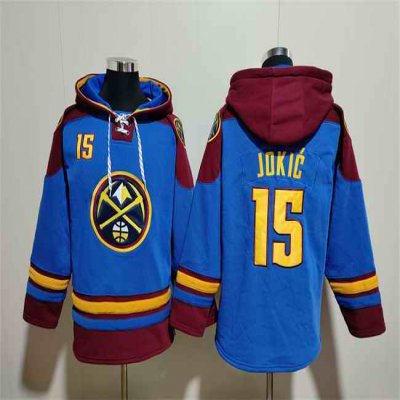 Men's Denver Nuggets #15 Nikola Jokic Blue/Red Lace-Up Pullover Hoodie