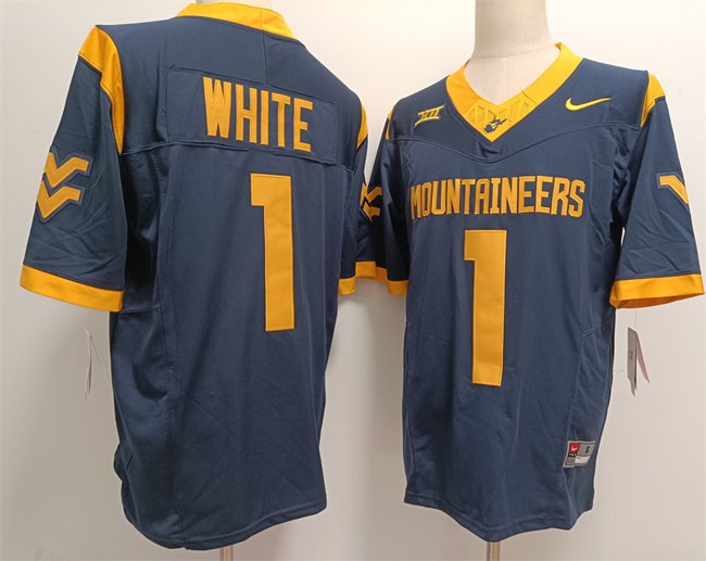 Men's West Virginia Mountaineers #1 Jahiem White Navy F.U.S.E. Stitched Jersey