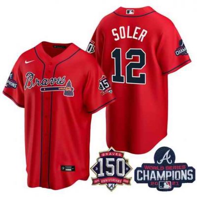 Men's Atlanta Braves #12 Jorge Soler 2021 Red World Series Champions With 150th Anniversary Patch Cool Base Stitched Jersey