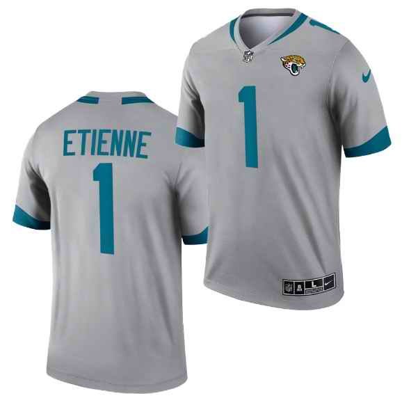 Men's Jacksonville Jaguars #1 Travis Etienne JR 2021 Silver Inverted Legend Stitched Jersey