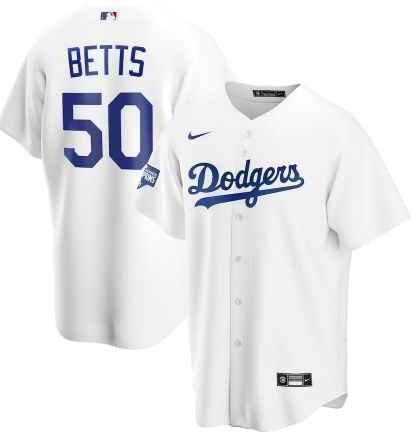 Men's Los Angeles Dodgers #50 Mookie Betts White 2020 World Series Champions Home Patch Cool Base Stitched Jersey