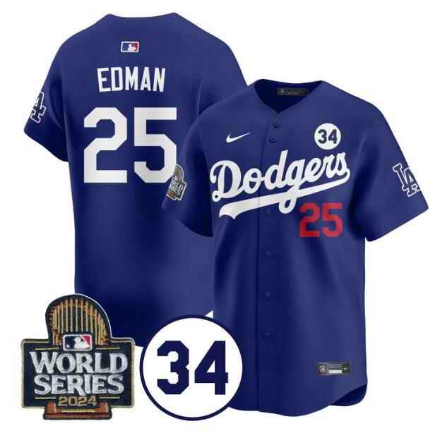 Men's Los Angeles Dodgers #25 Tommy Edman Royal 2024 World Series With No. 34 Patch Limited Stitched Baseball Jersey